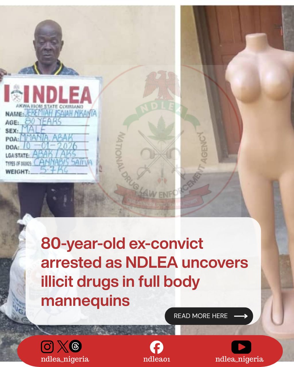 NDLEA Arrests 80-Year-Old Ex-Convict, Uncovers Drugs Hidden in Mannequins