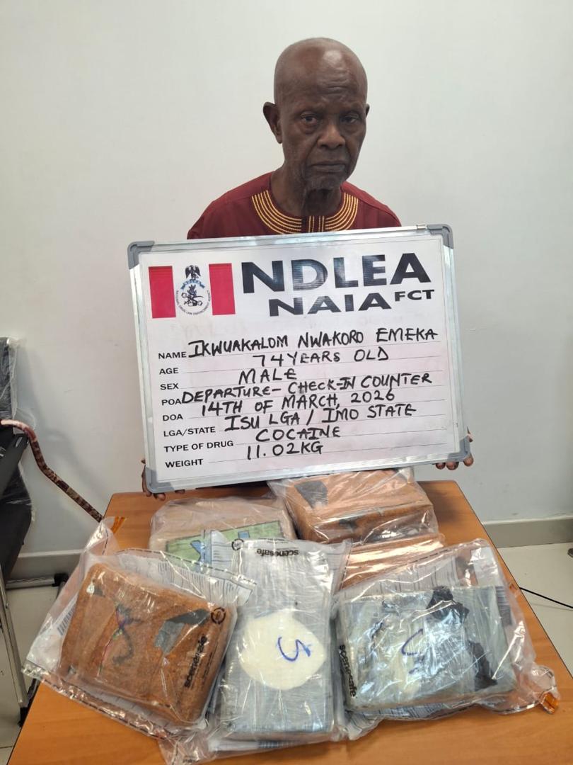 NDLEA arrests 74-year-old man with 11kg cocaine at Abuja airport

‎