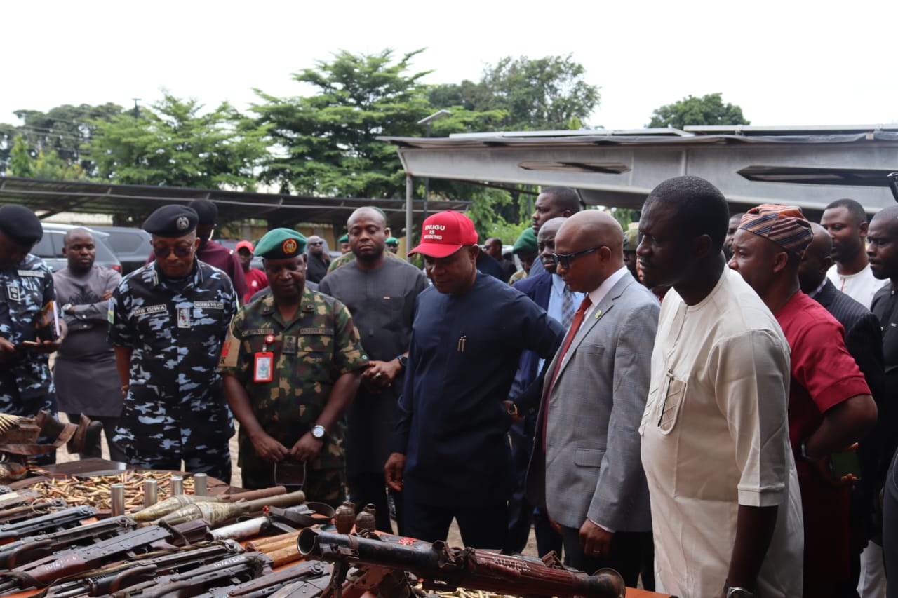 Gov Mbah Lauds DSS, Army, Others as He Inspects Arms Cache Seized From ESN Terrorists. Applauds President Tinubu's Supportive Role in Tackling Insecurity.