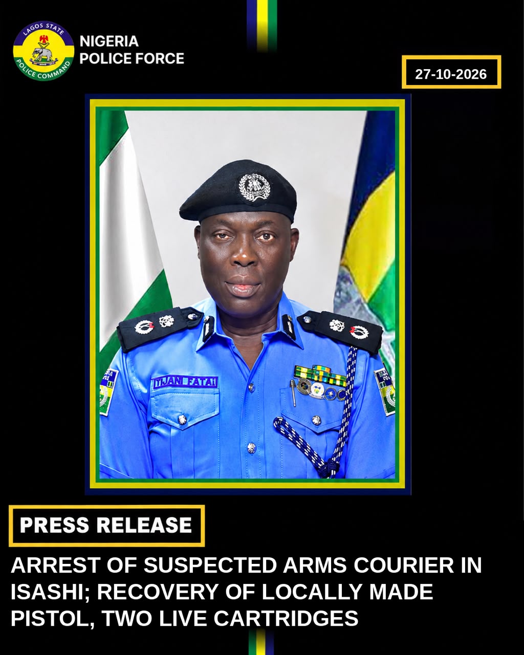 Police arrest suspected arms courier, recover pistol in Lagos